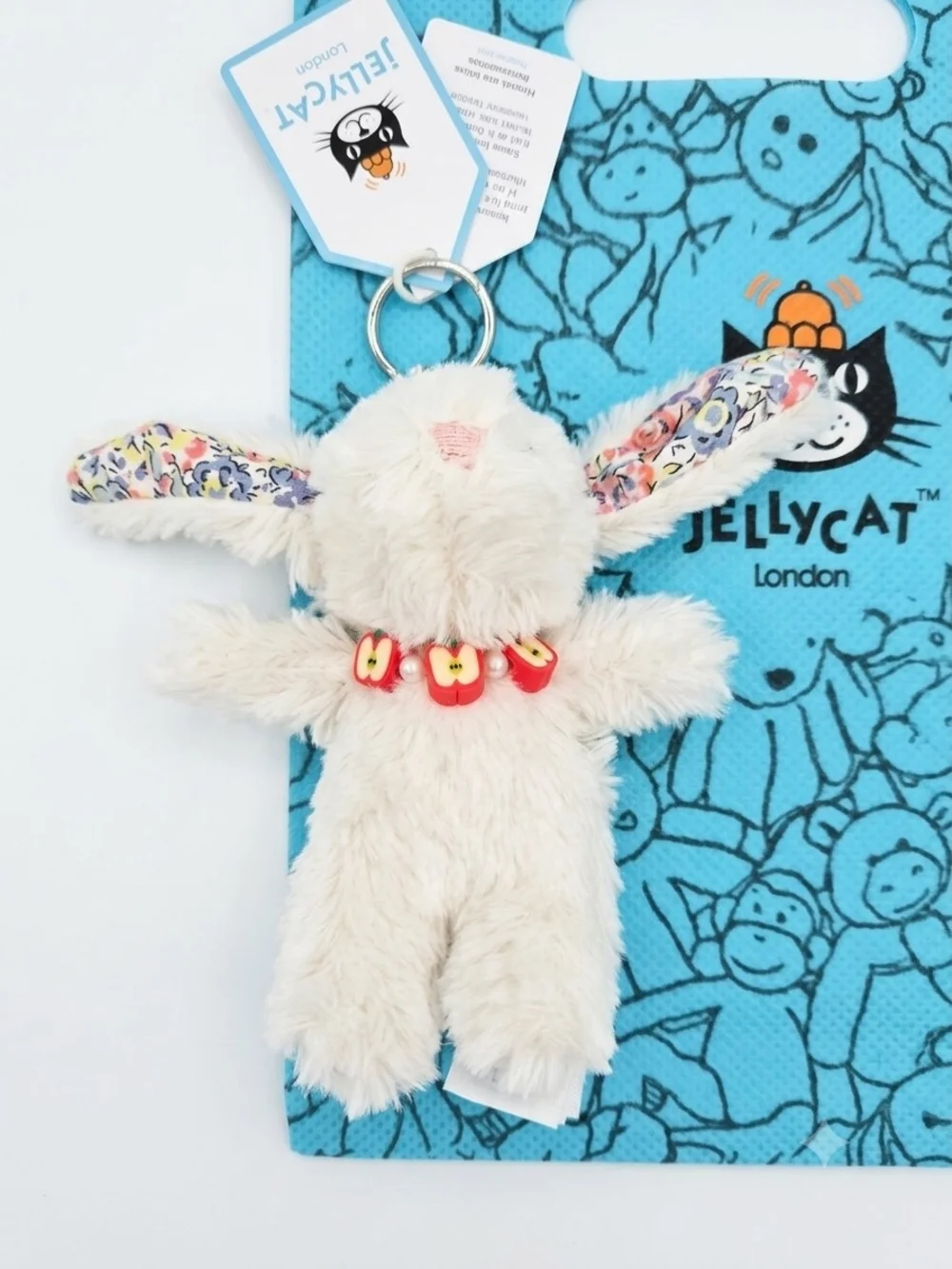 Jellycat Cream Floral Ears Bunny Bag Charm With Apple Pearl Necklace